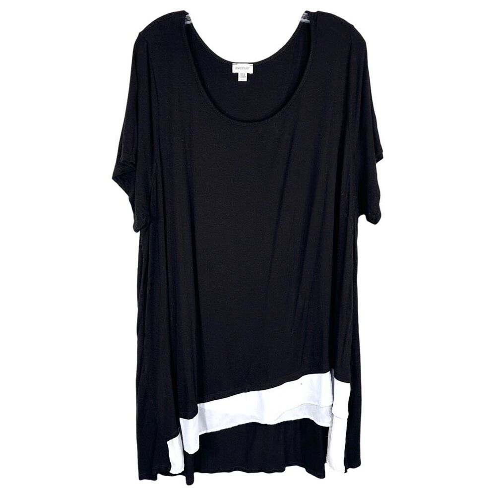 Avenue Plus Size 26 28 Top Black White Chiffon Trim Scoop Short Sleeve 1682‎